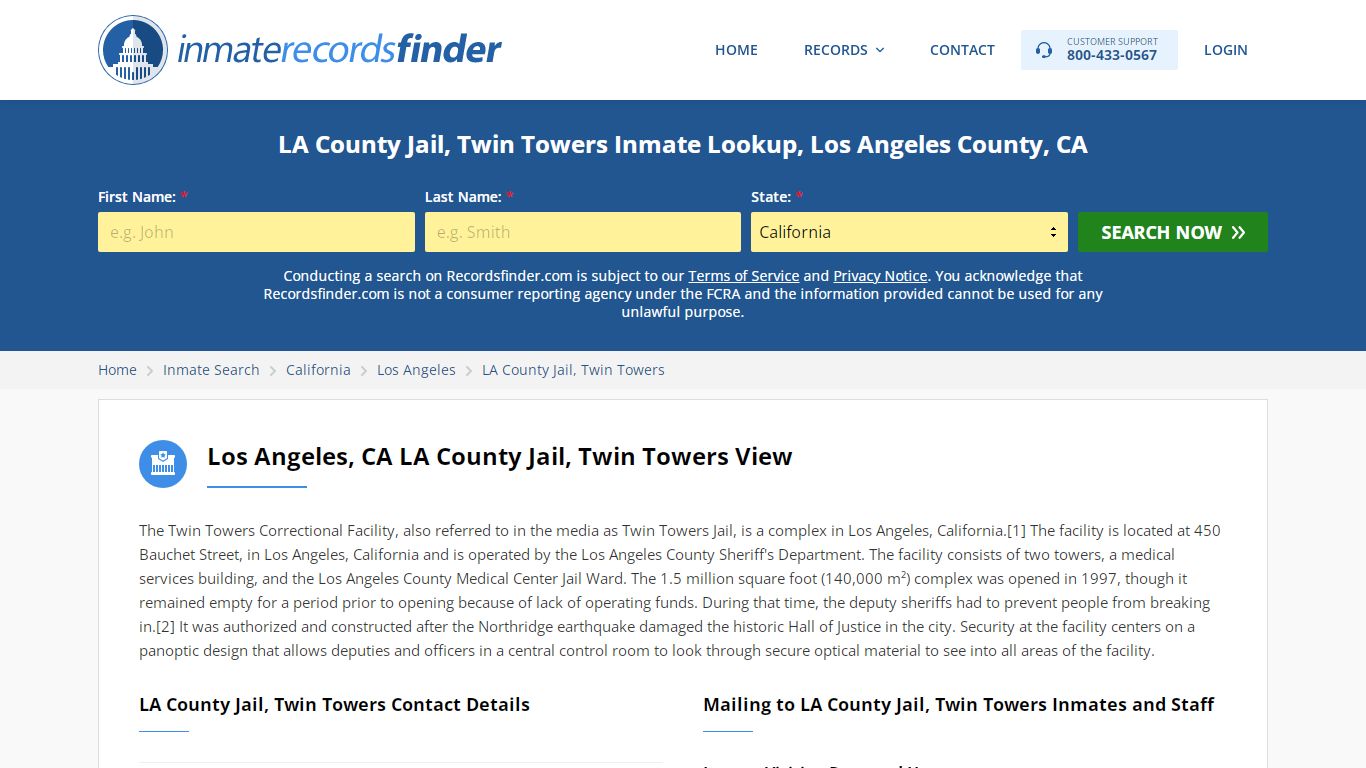 LA County Jail, Twin Towers Inmate Lookup, Los Angeles County, CA